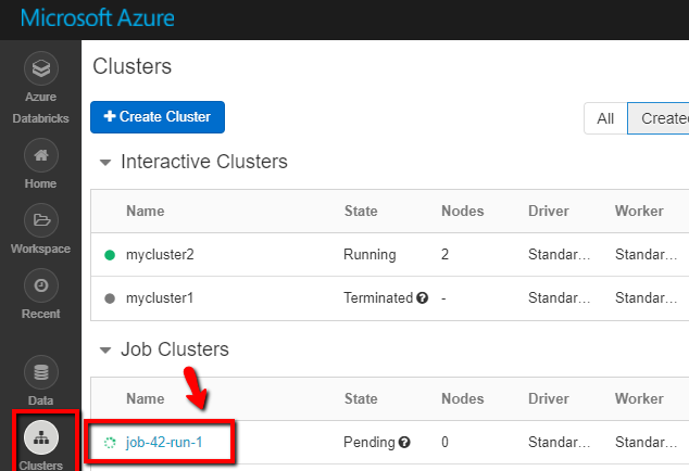 Screenshot showing how to view the job cluster and the job.