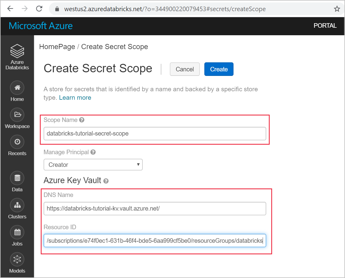 Create secret scope in the Azure Databricks workspace