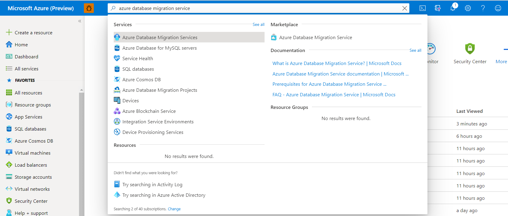 查找 Azure 数据库迁移服务的所有实例的屏幕截图。