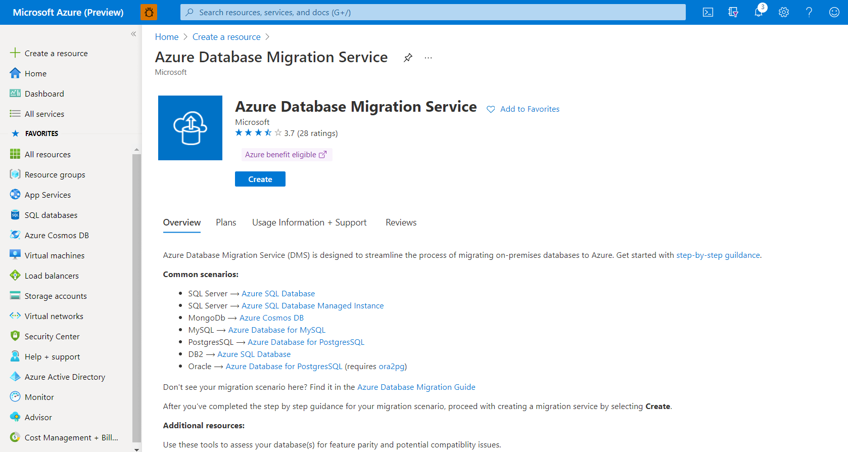 创建 Azure 数据库迁移服务实例的屏幕截图。