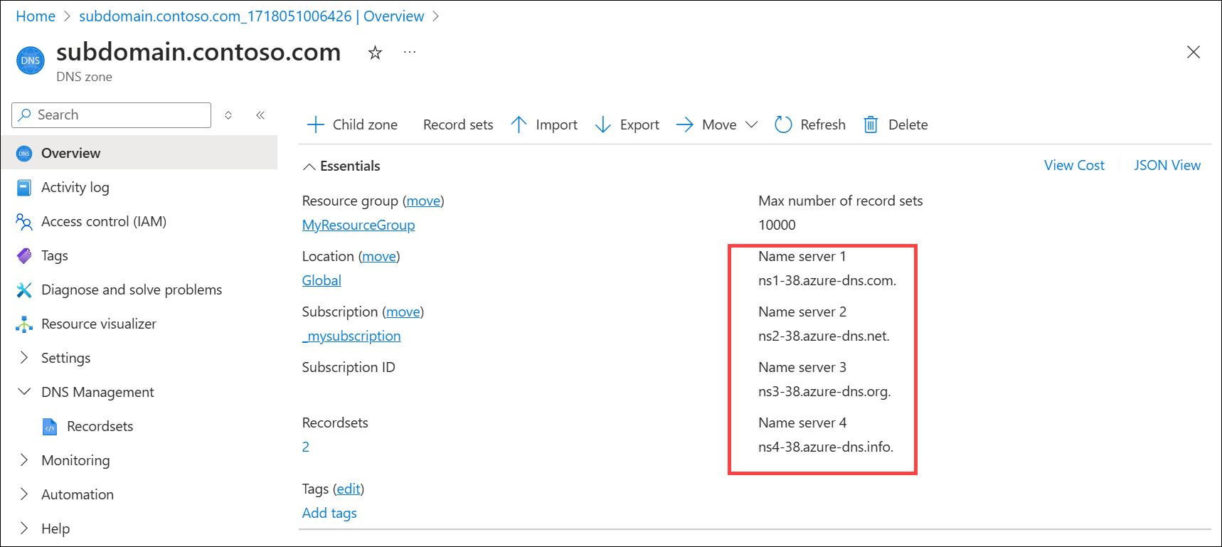 子 DNS 区域“概述”页的屏幕截图,其中显示了其名称服务器。
