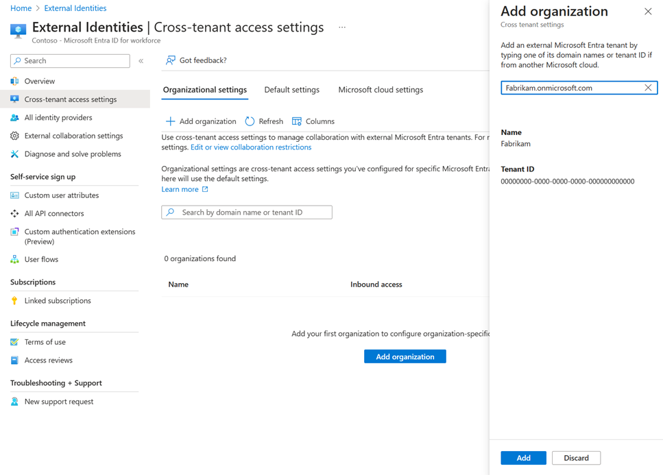 Screenshot showing adding an organization.