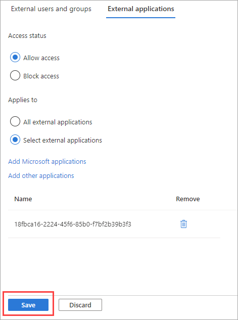 Screenshot that shows a selected application and the Save button.