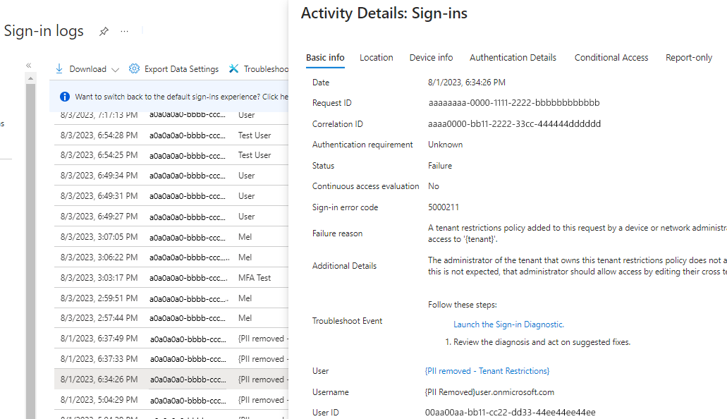 Screenshot that shows activity details for a failed sign-in.