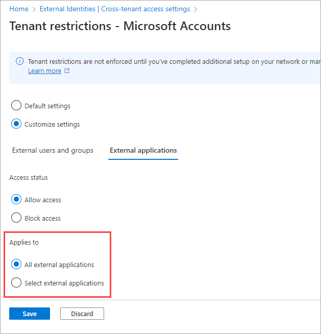 Screenshot that shows selecting options for applying restrictions to external applications.