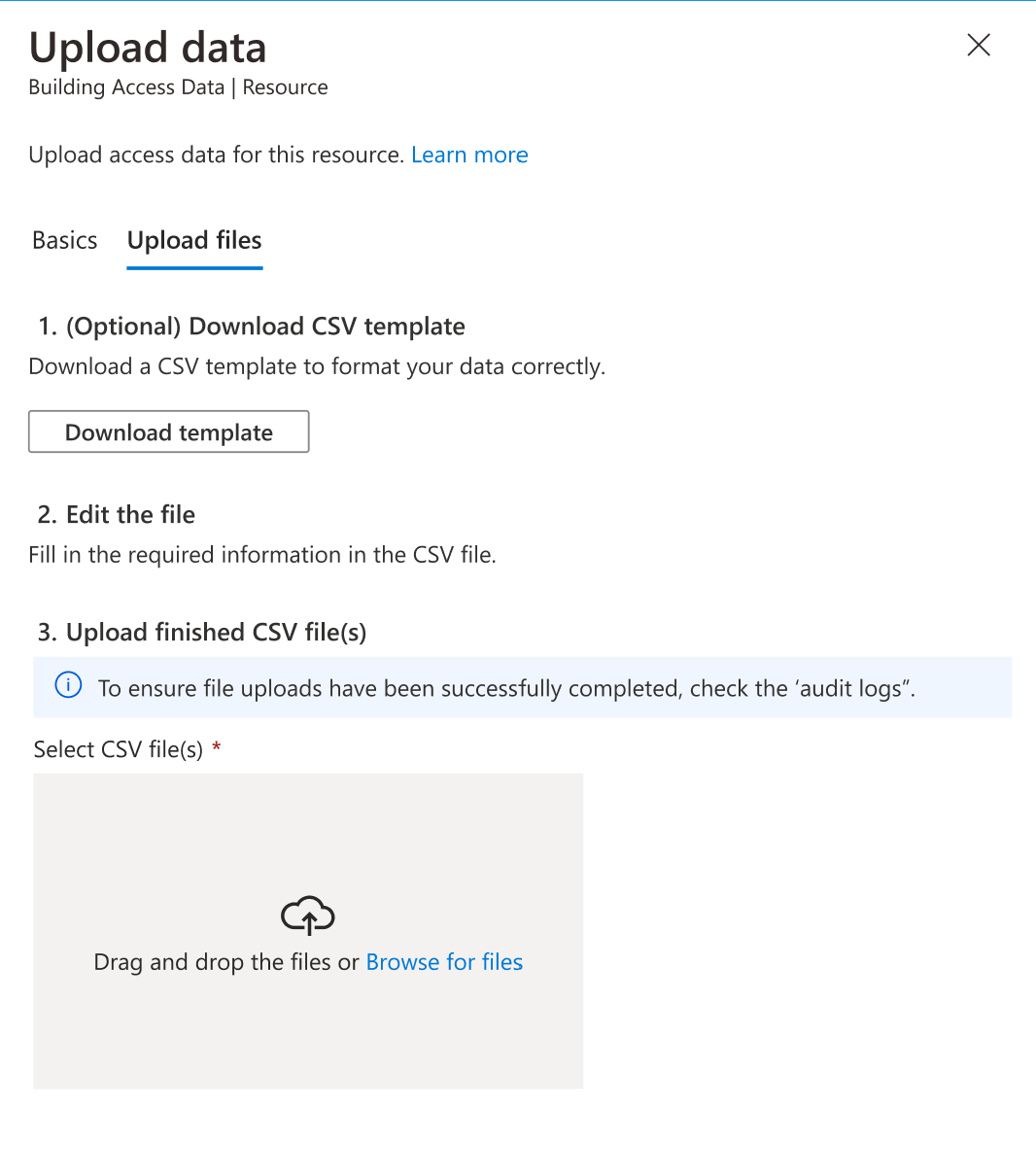 Screenshot of uploading files to custom access data.