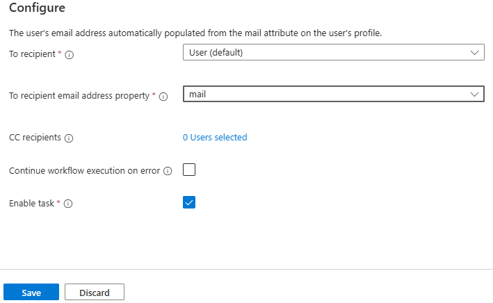 Screenshot of the recipient list property for an email customization task.
