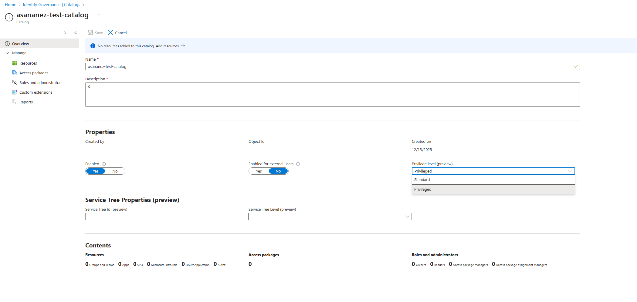 Screenshot of updating privilege level in a catalog.
