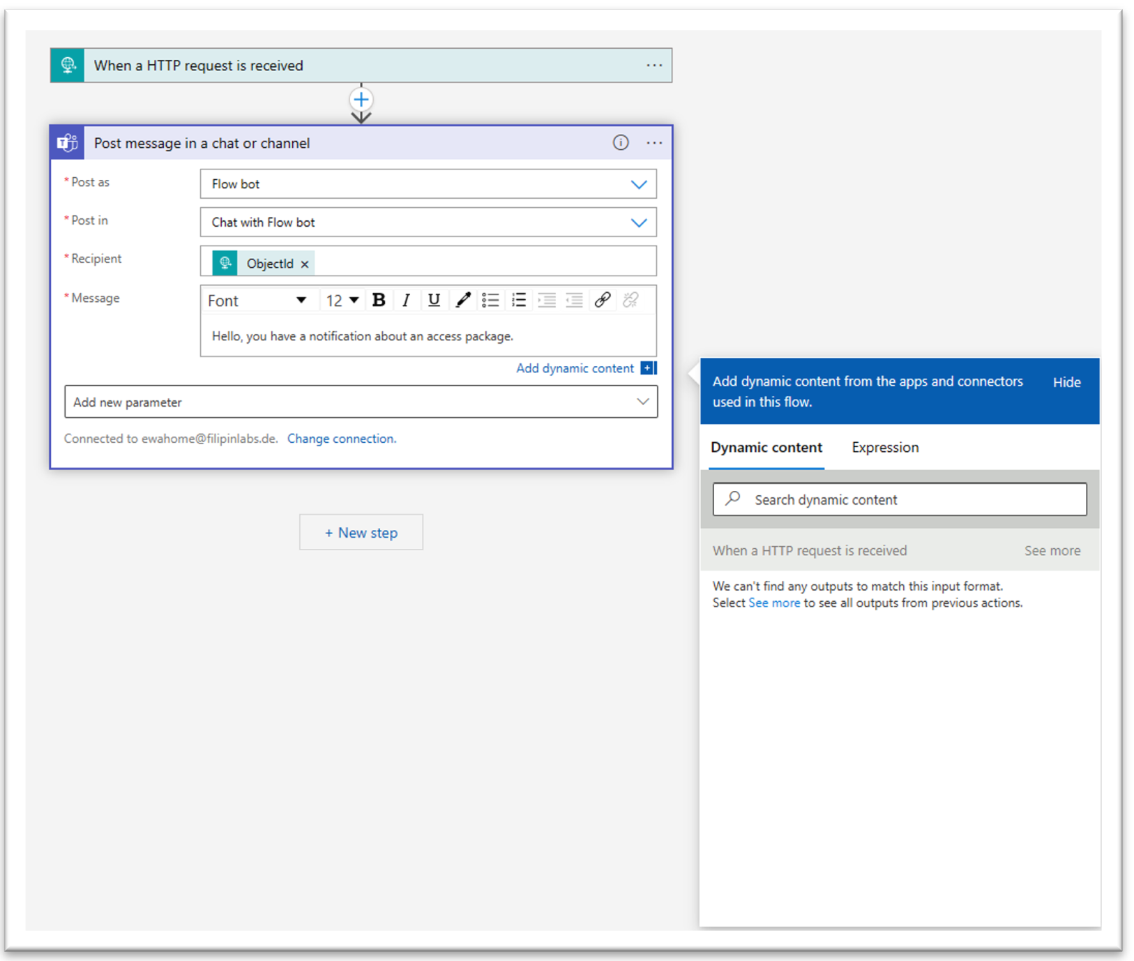 Screenshot of the dynamic content setting in the teams post message settings.