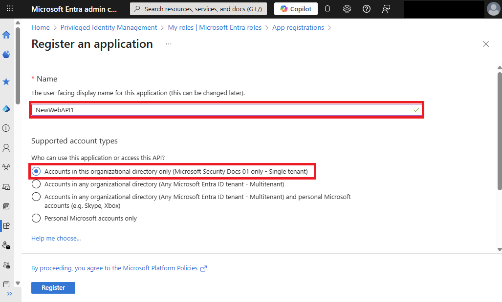 Screenshot that shows how to enter a name and select the account type.