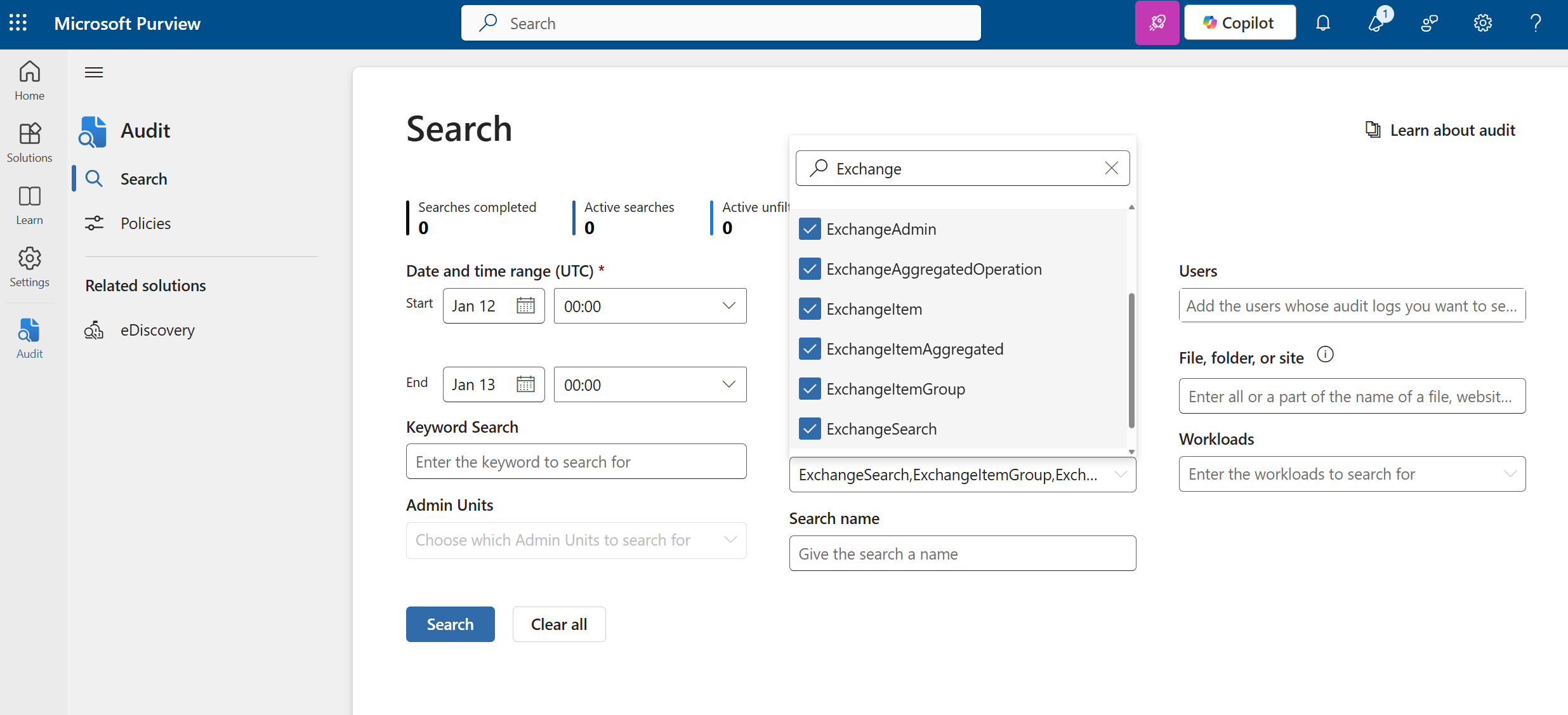 Screenshot of Microsoft Purview portal showing search for logs with Exchange workload.