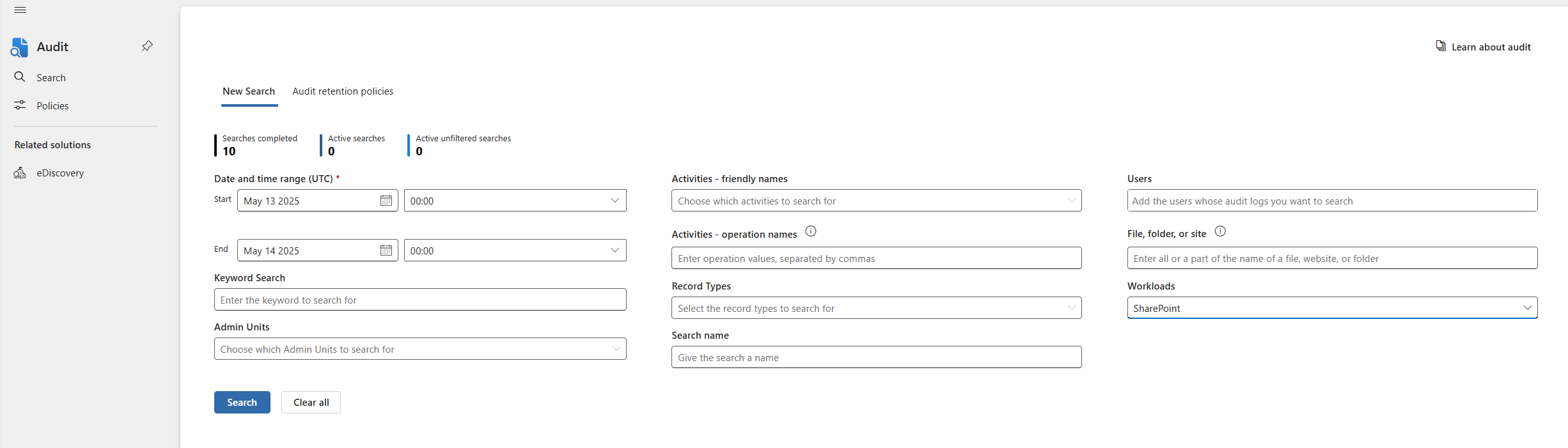 Screenshot of Microsoft Purview portal showing search for SharePoint Online logs.