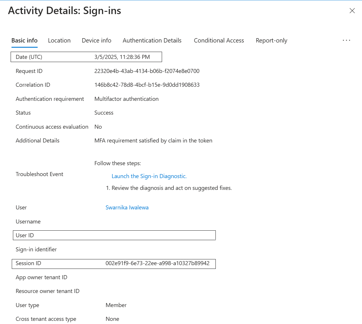 Screenshot of sign-in log entry in Microsoft Entra admin center.