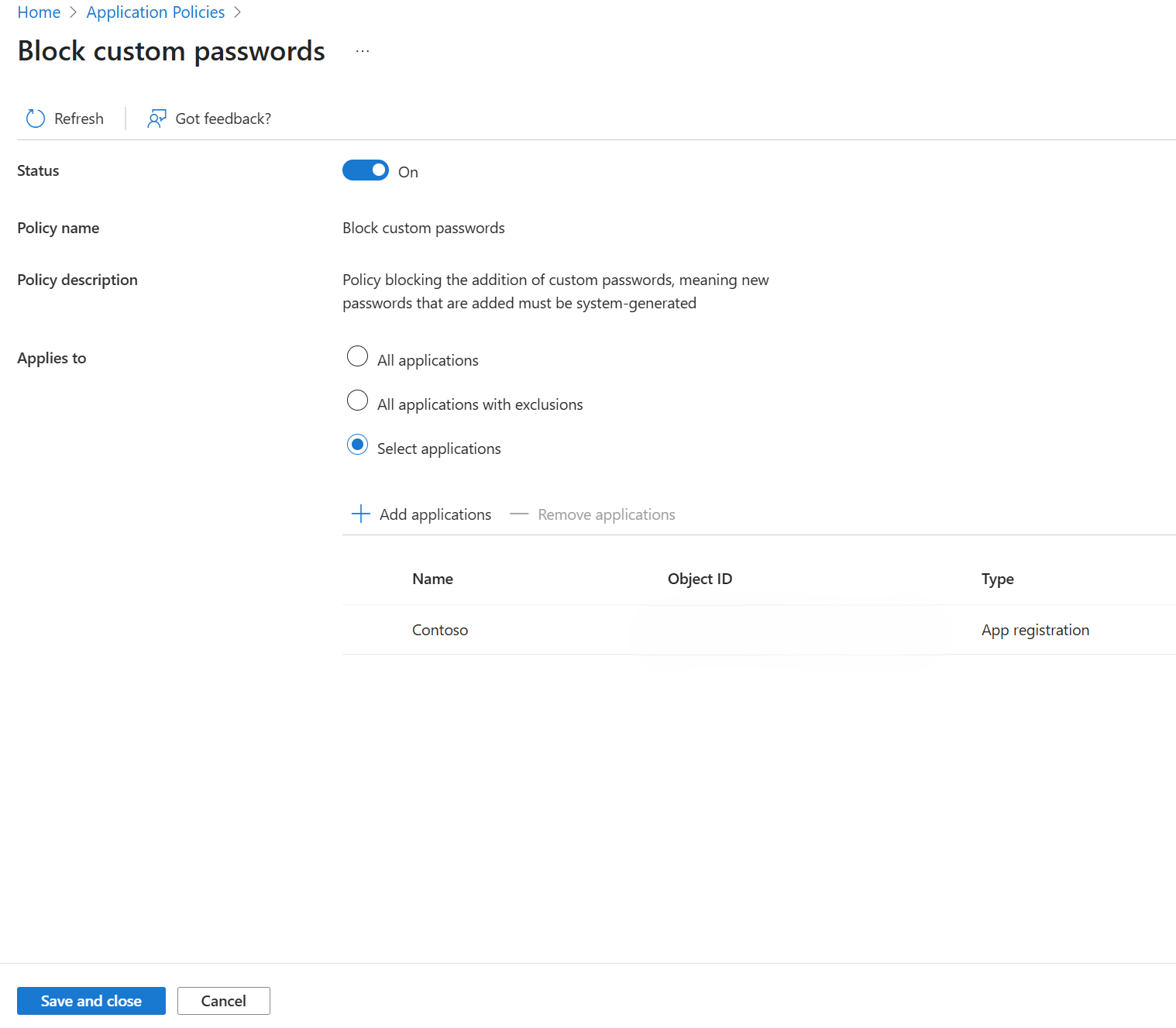 Screenshot of the 'block custom passwords' restriction.