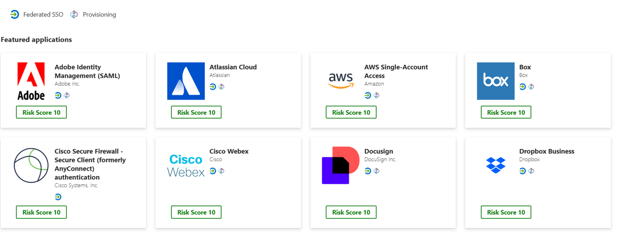 Screenshot showing the featured applications on the Microsoft Entra application gallery pane in the Microsoft Entra admin center.