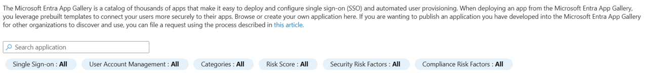 Screenshot showing the search options on the Microsoft Entra application gallery pane in the Microsoft Entra admin center.