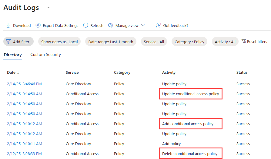 Screenshot of the audit logs with the Conditional Access policies highlighted.