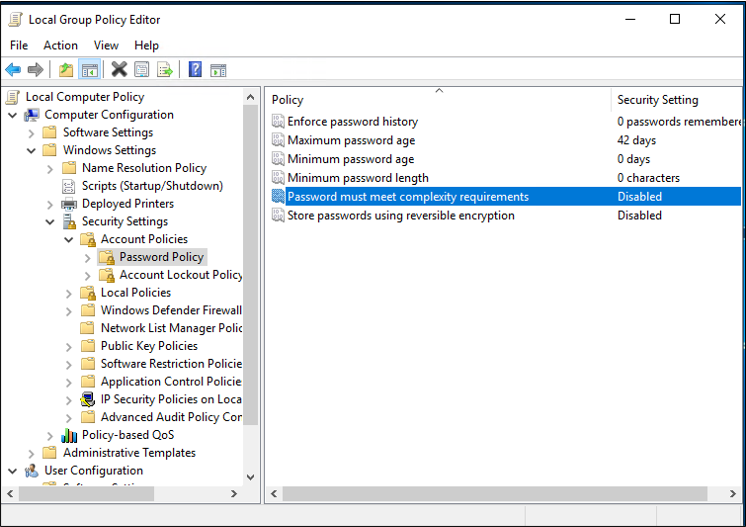 Screenshot of the complexity requirements setting.