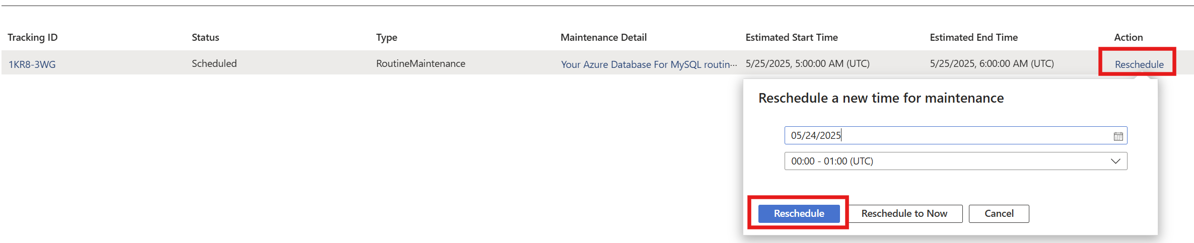 Screenshot that showcases maintenance reschedule.