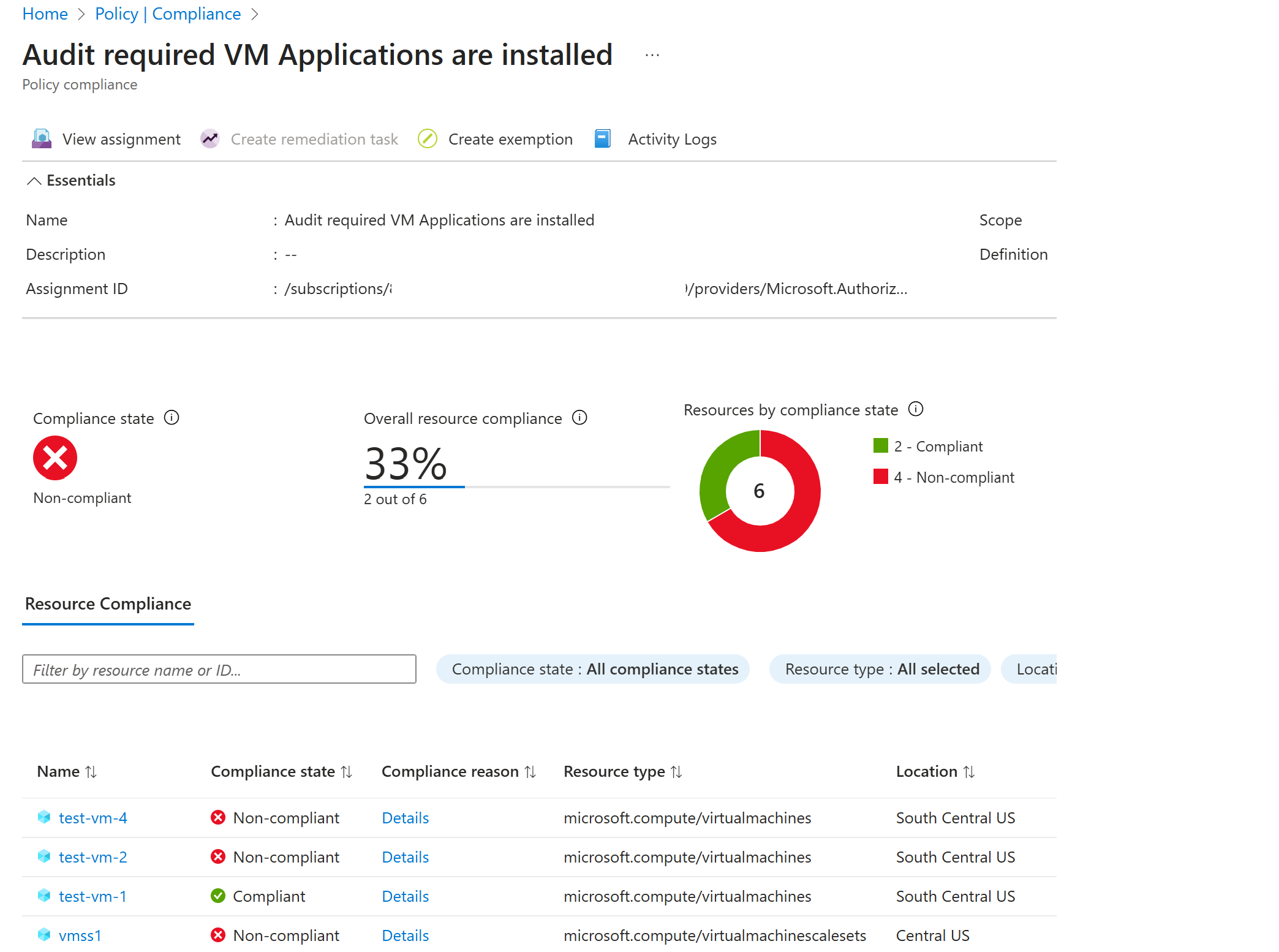 Screenshot that shows Azure Policy compliance view listing VMs and Virtual Machine Scale Sets audited for required VM Application presence.
