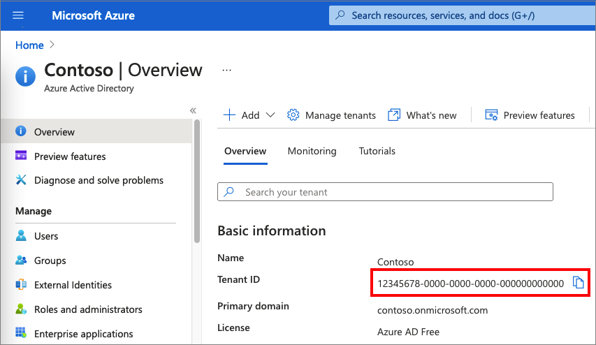 Screenshot demonstrates how to get the Azure AD B2C tenant ID.