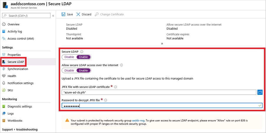 Enable secure LDAP for a managed domain in the Microsoft Entra admin center