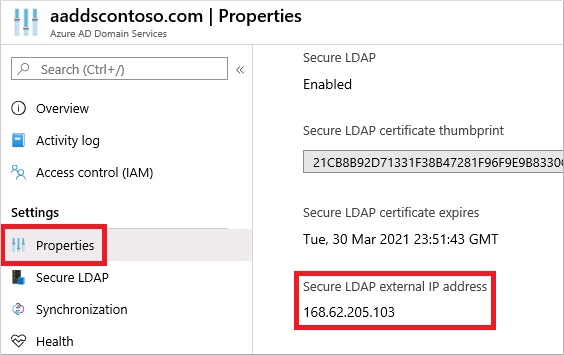 View the secure LDAP external IP address for your managed domain in the Microsoft Entra admin center