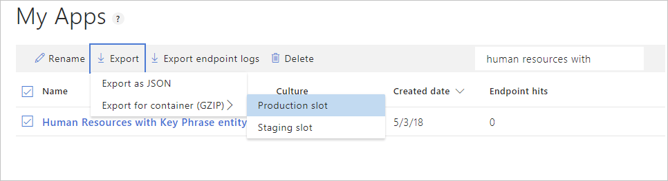 Export the published package for the container from the App page's Export menu