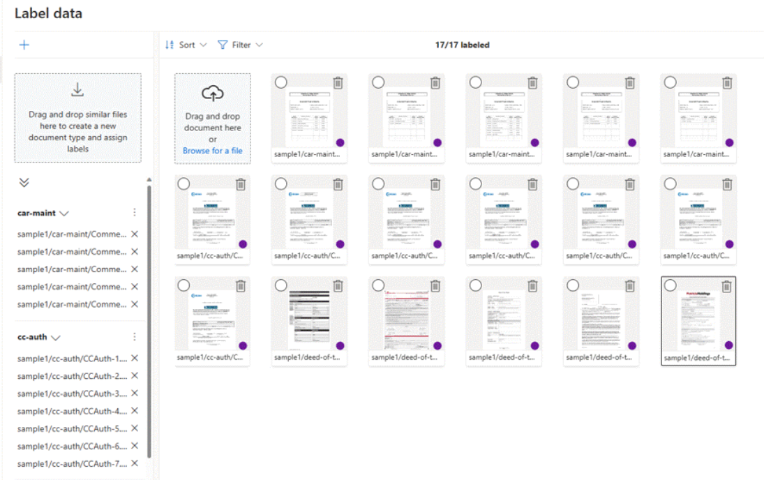 Screenshot of Custom classification model labeling in Document Intelligence Studio.