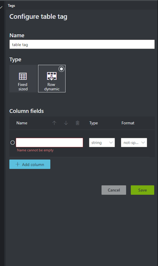 Configure a table tag