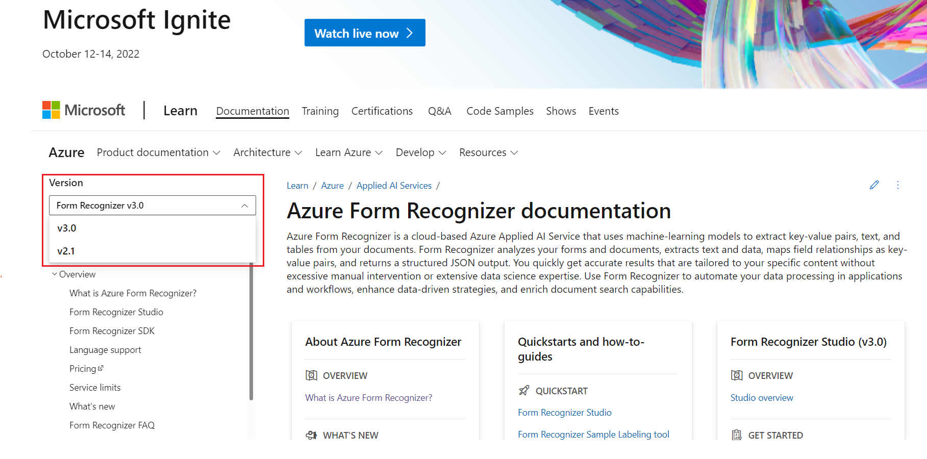 Screenshot of the Document Intelligence landing page denoting the version dropdown menu.