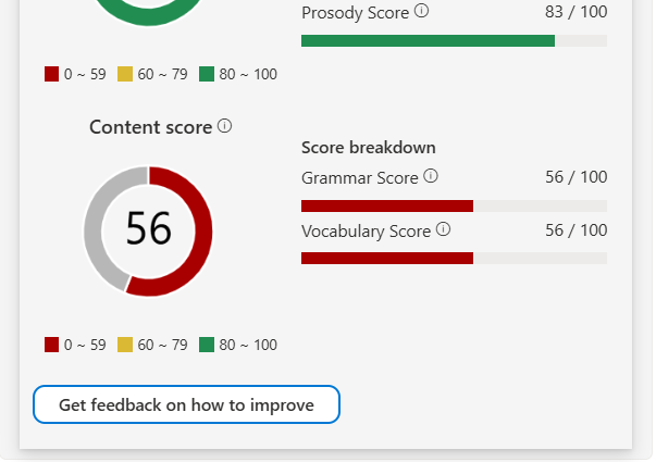 Screenshot of selecting the button to get feedback on how to improve for each aspect of the assessment.