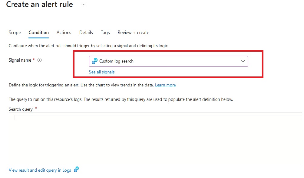 The screenshot of the custom log search in the alert rule blade.