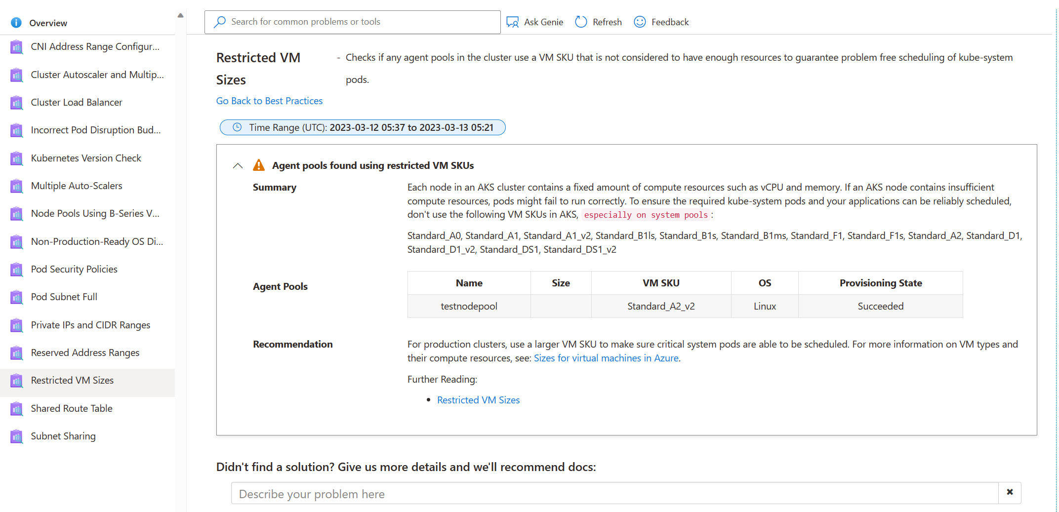 Screenshot of AKS Diagnose and solve problem - Best - result.