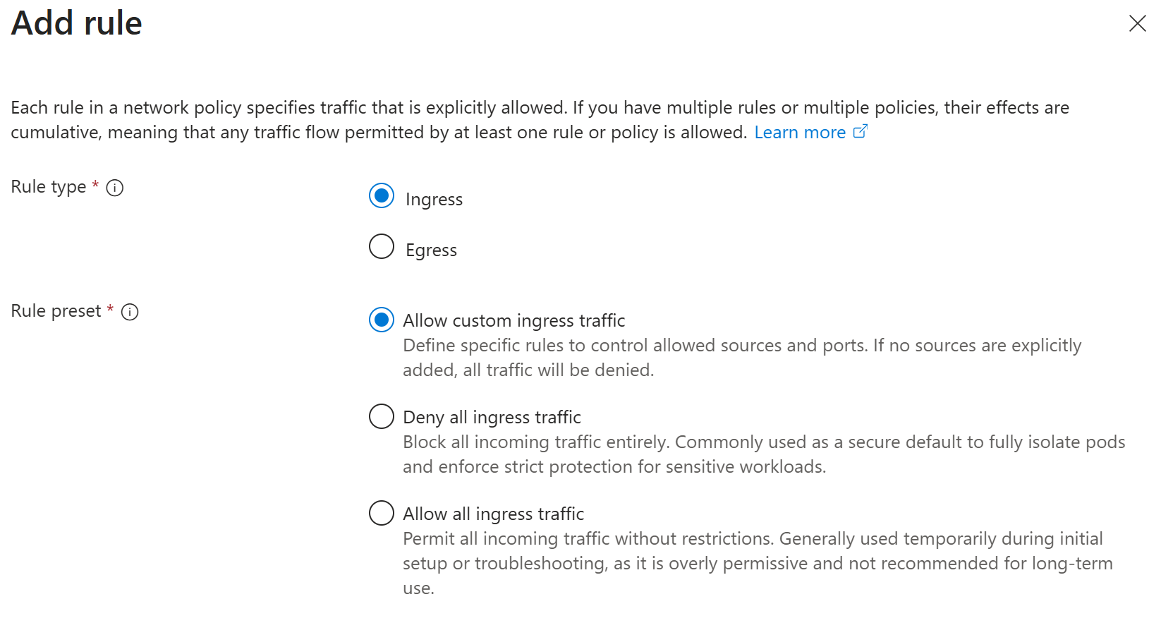 Screenshot showing options to set a rule type and preset during the network policy create process in Azure portal.