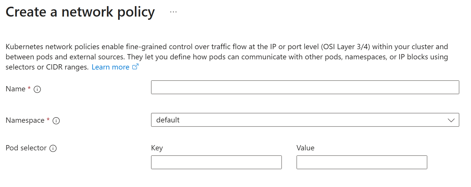 Screenshot showing the required fields to define network policy scope during the policy create process in Azure portal.