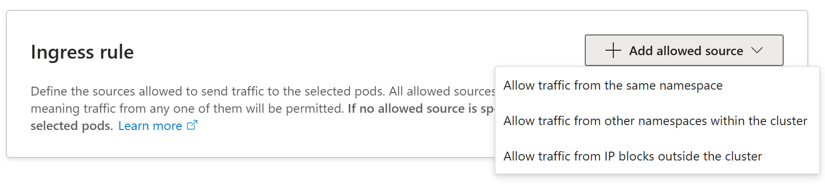 Screenshot showing available allowed sources for ingress rules.