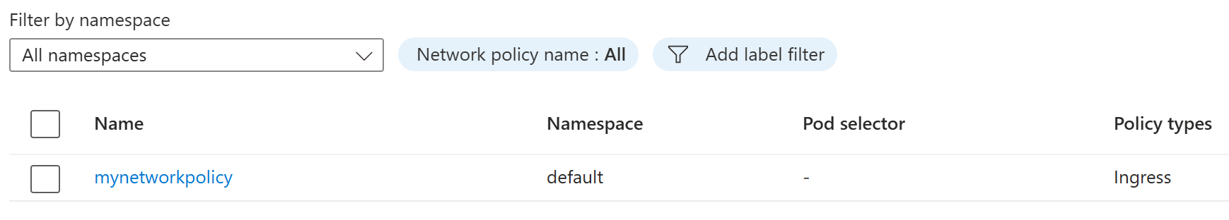 Screenshot showing a network policy in the AKS resource grid in the Azure portal.
