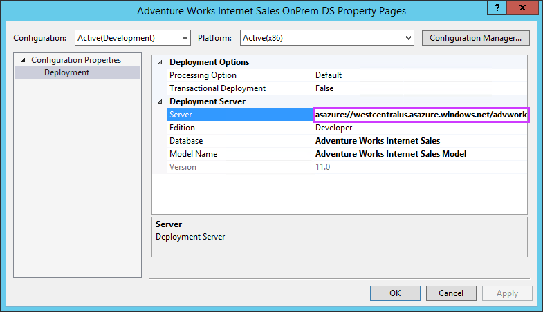 Screenshot showing how to paste server name into deployment server property.