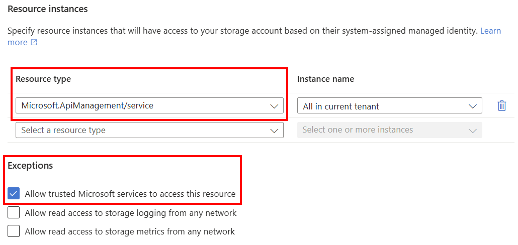 Screenshot of trusted connectivity settings to Azure Storage in the portal.