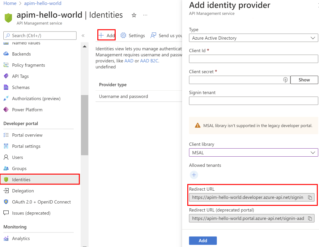 Screenshot of adding identity provider in Azure portal.
