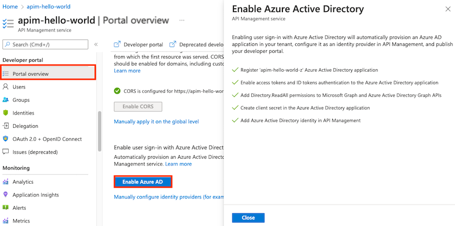 Screenshot of enabling Azure AD in the developer portal overview page.