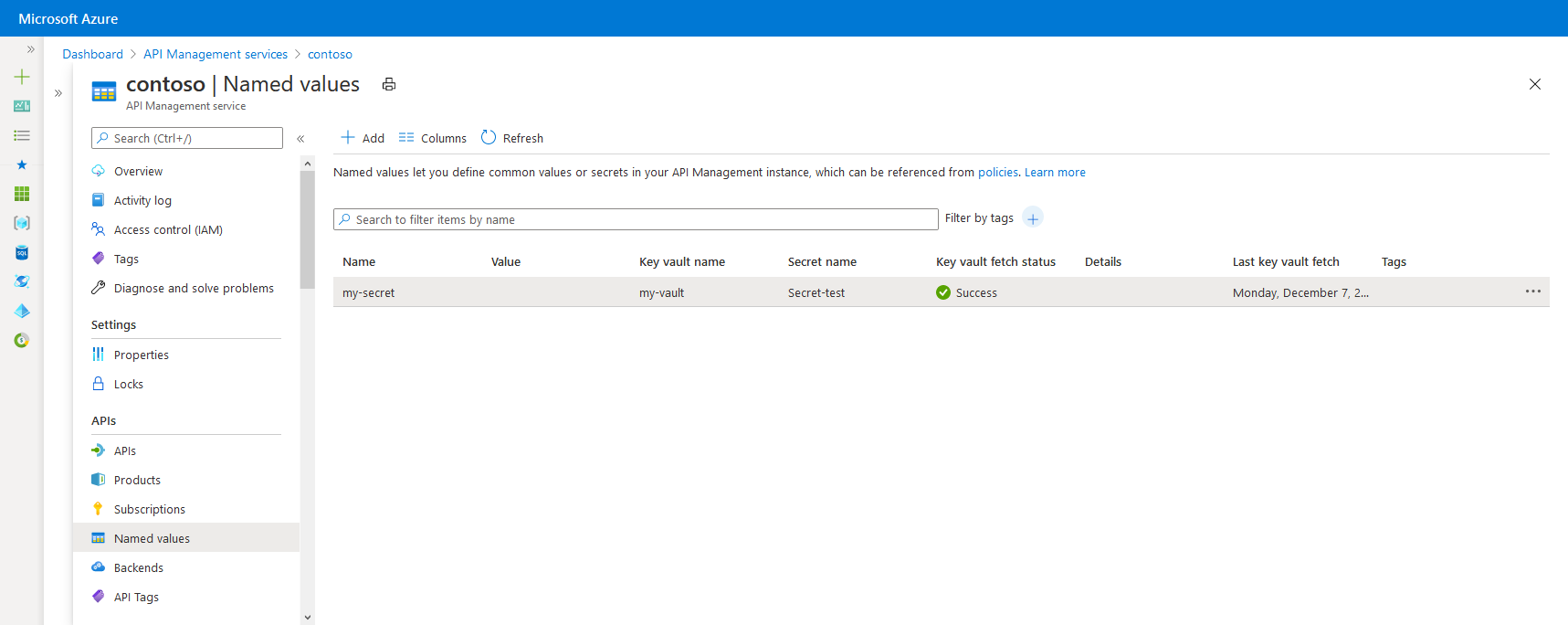 Named values in the Azure portal