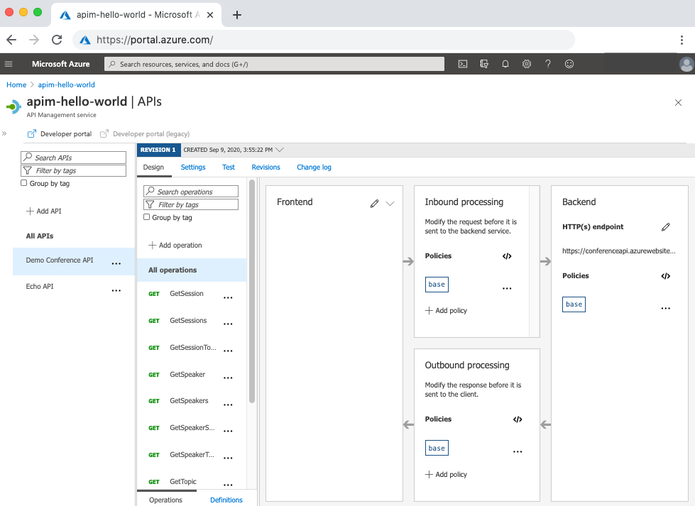 Screenshot of a new API in API Management in the portal.