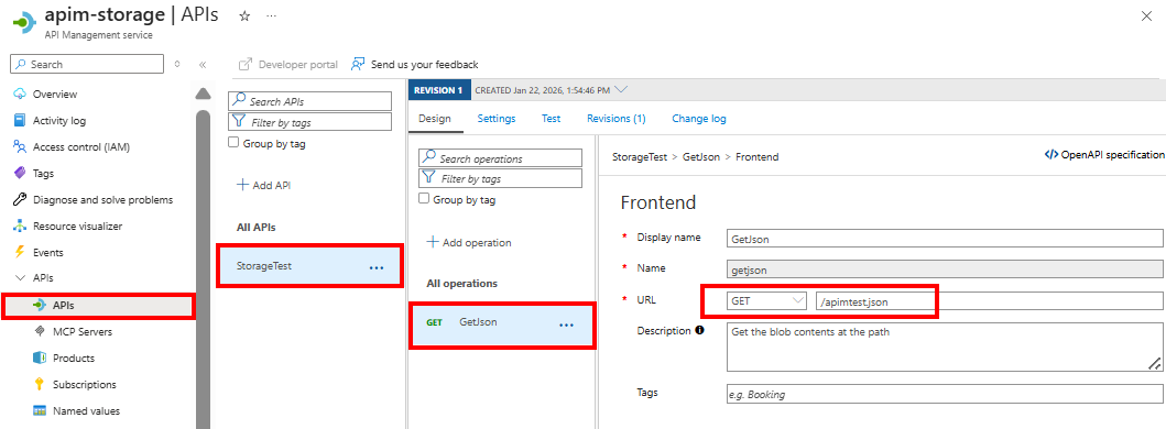 Screenshot showing a sample API operation to access a blob container in the portal.