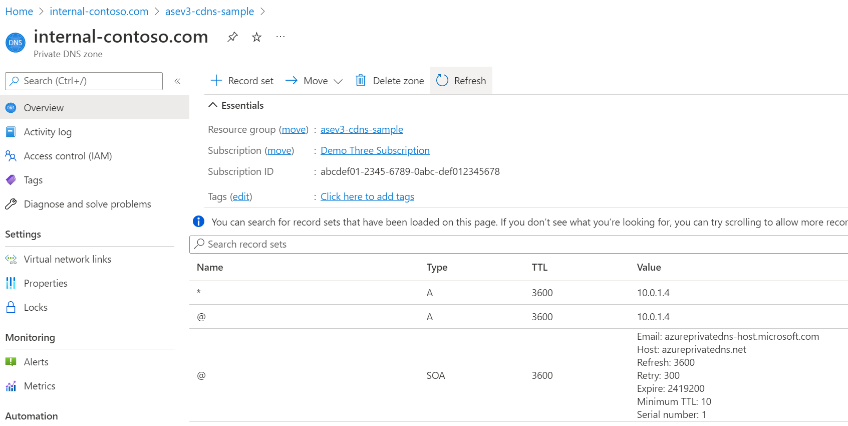 Screenshot of a sample DNS configuration for your custom domain suffix.