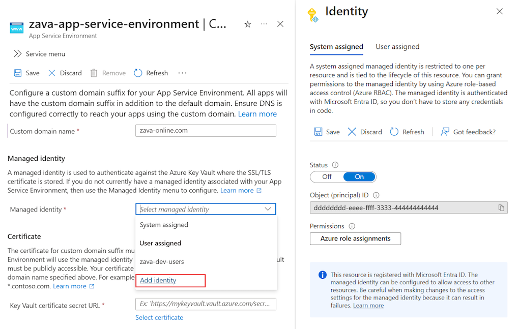 Screenshot that shows how to add a managed identity for App Service Environment when you configure the custom domain suffix.