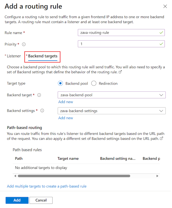 Screenshot that shows how to configure the backend targets for an HTTPS routing rule for the application gateway.