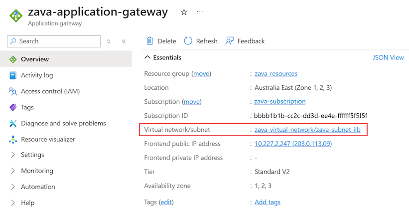 Screenshot that shows how to locate the virtual network that contains the application gateway in the Azure portal.