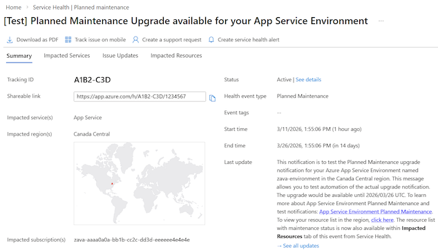 Screenshot that shows detailed for a selected upgrade in the Azure portal.